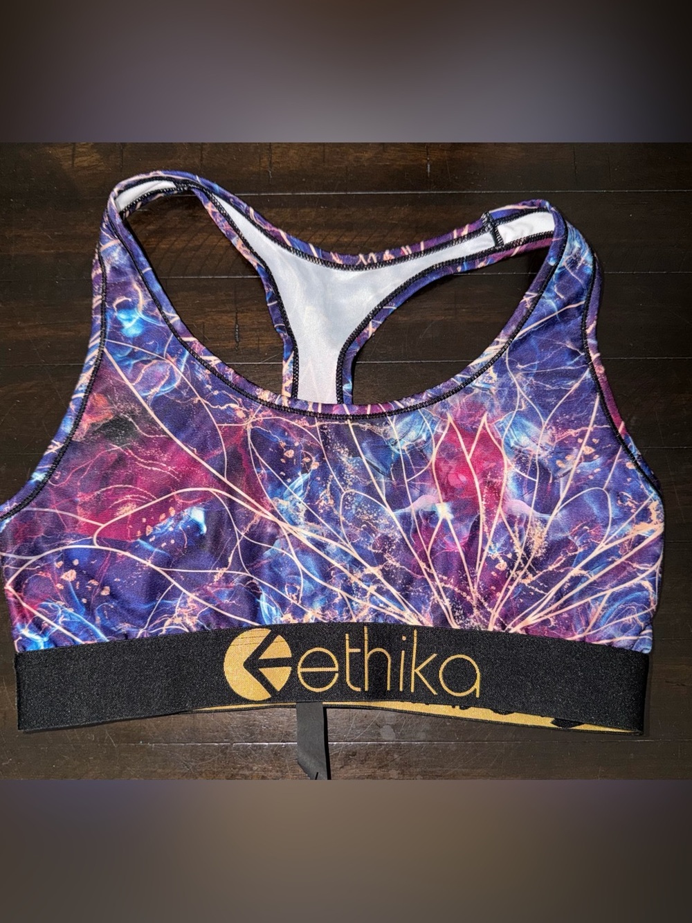 ethika Vibrant Galaxy Racerback Sports Bra in Purple, Pink and Blue